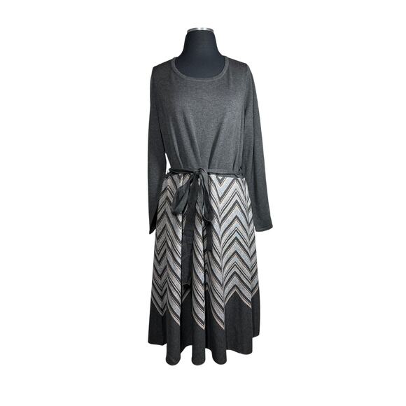 Taylor Chevron Scoop Neck Sweater Dress Tie Waist Midi Brown Plus Size 3X Office - Picture 5 of 15